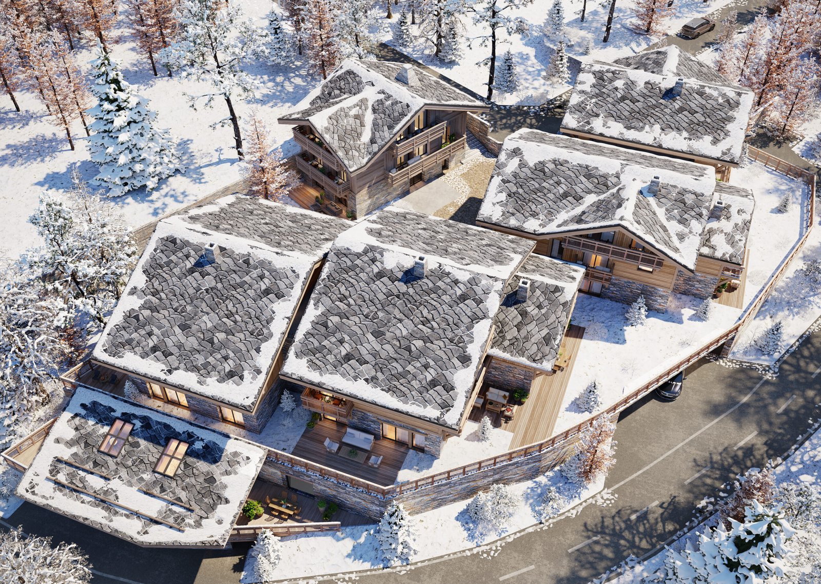 Vue aérienne des chalets 13,14,15 et 16 avec placette centrale